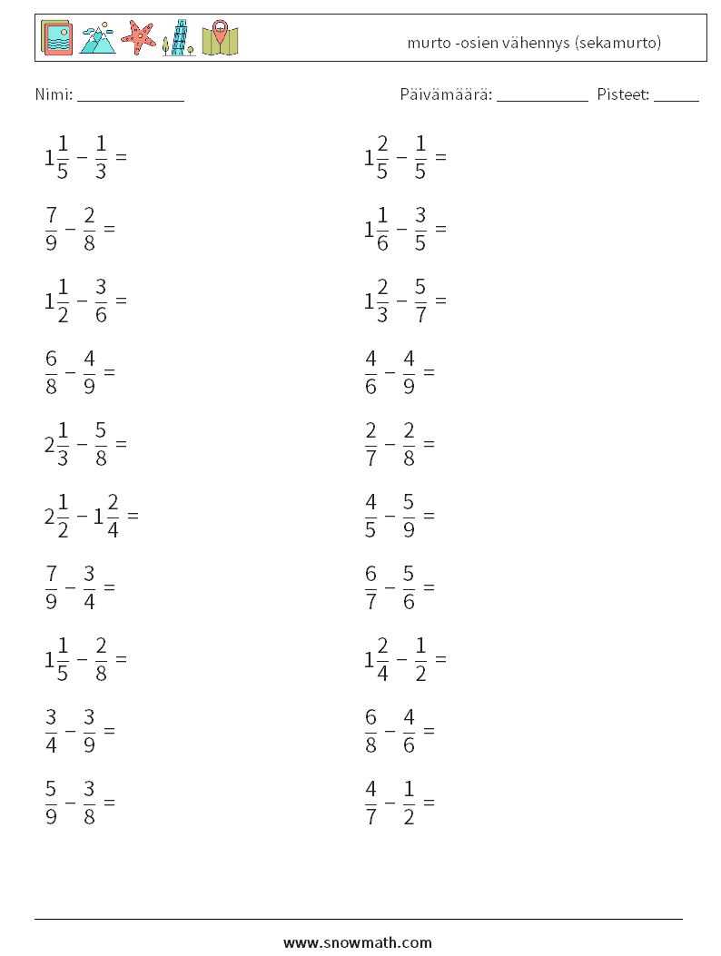 (20) murto -osien vähennys (sekamurto) Matematiikan laskentataulukot 12