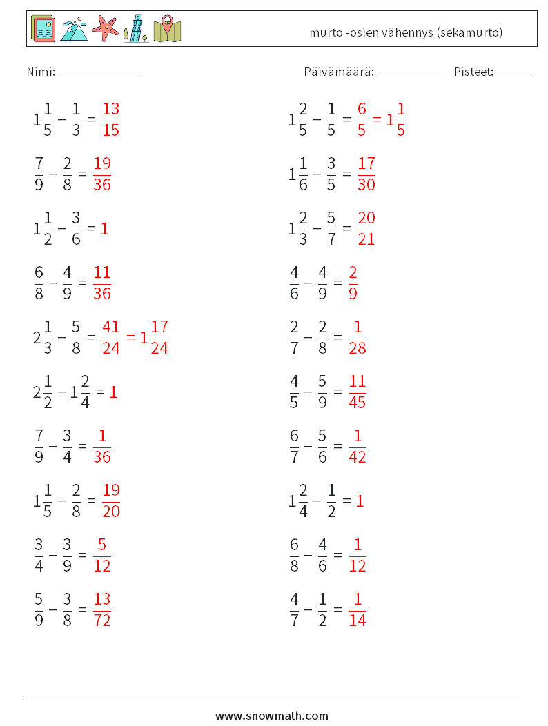 (20) murto -osien vähennys (sekamurto) Matematiikan laskentataulukot 12 Kysymys, vastaus