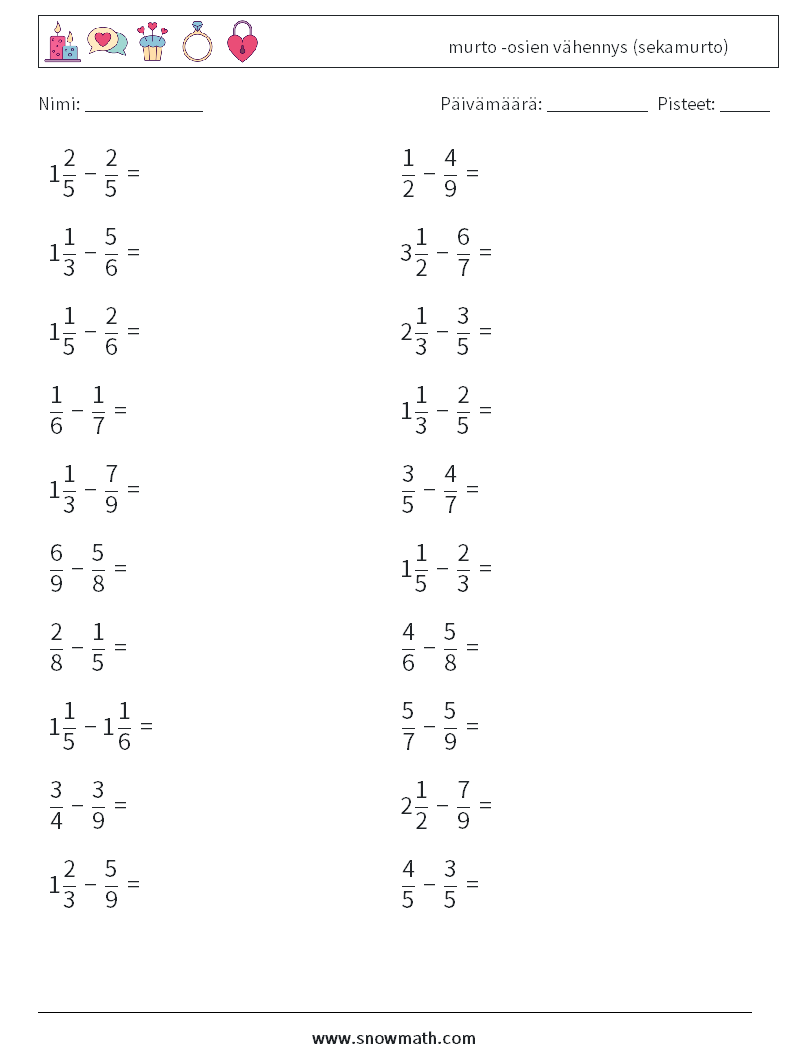 (20) murto -osien vähennys (sekamurto) Matematiikan laskentataulukot 13