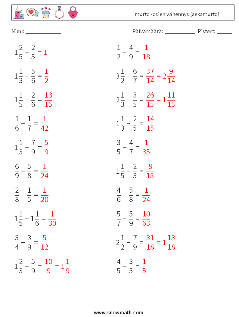 (20) murto -osien vähennys (sekamurto) Matematiikan laskentataulukot 13 Kysymys, vastaus
