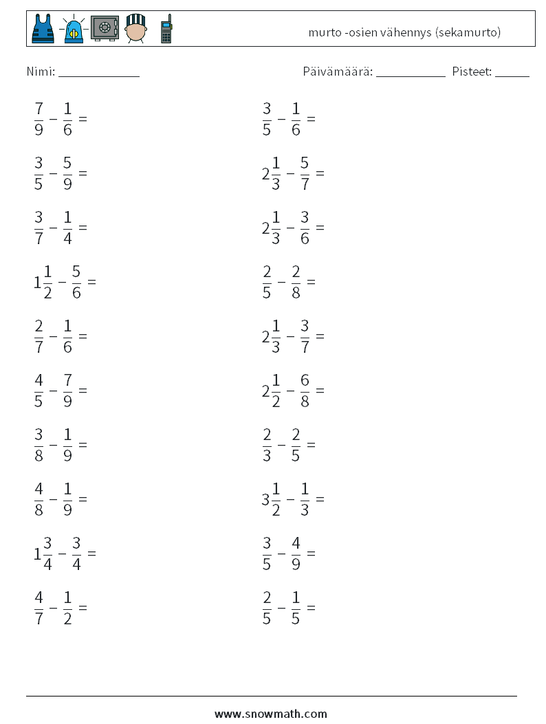 (20) murto -osien vähennys (sekamurto) Matematiikan laskentataulukot 14