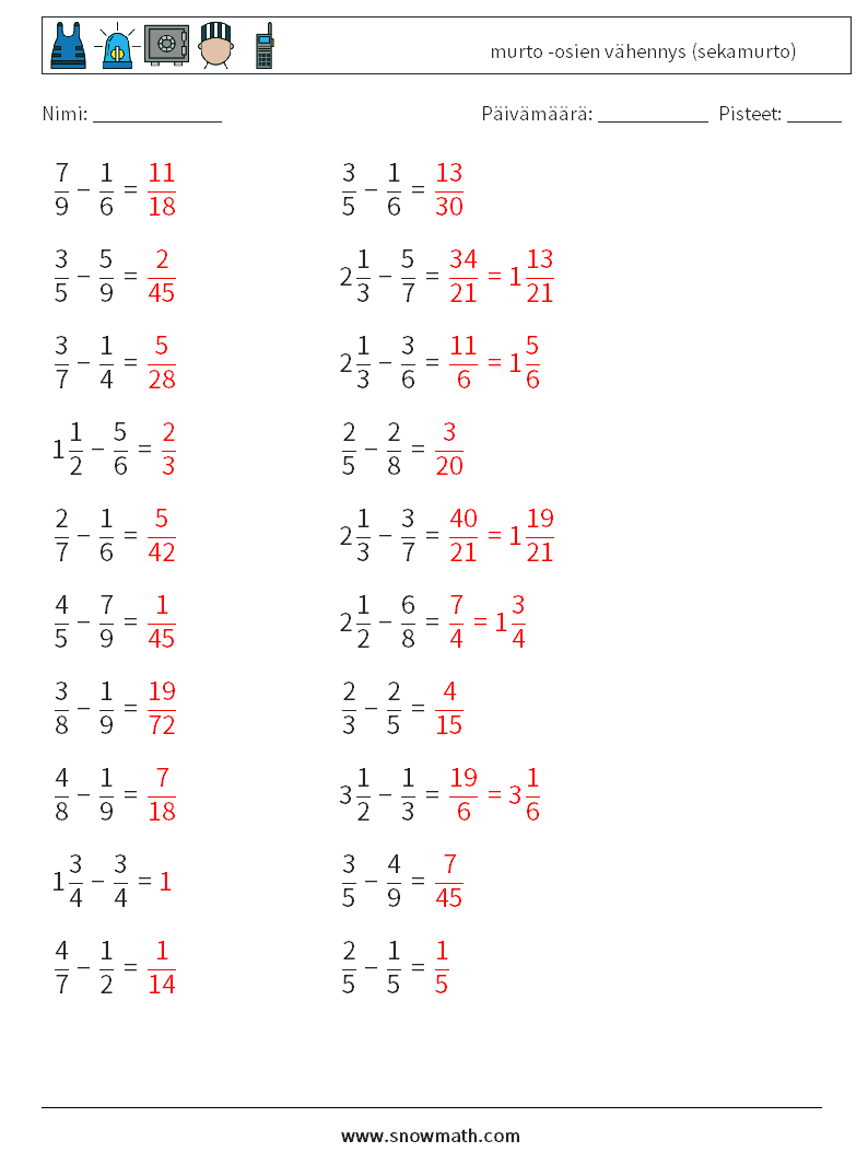 (20) murto -osien vähennys (sekamurto) Matematiikan laskentataulukot 14 Kysymys, vastaus