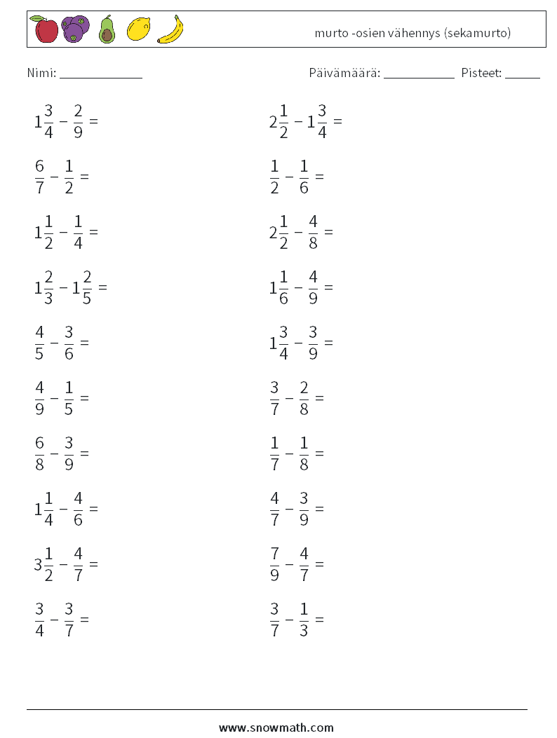 (20) murto -osien vähennys (sekamurto) Matematiikan laskentataulukot 15