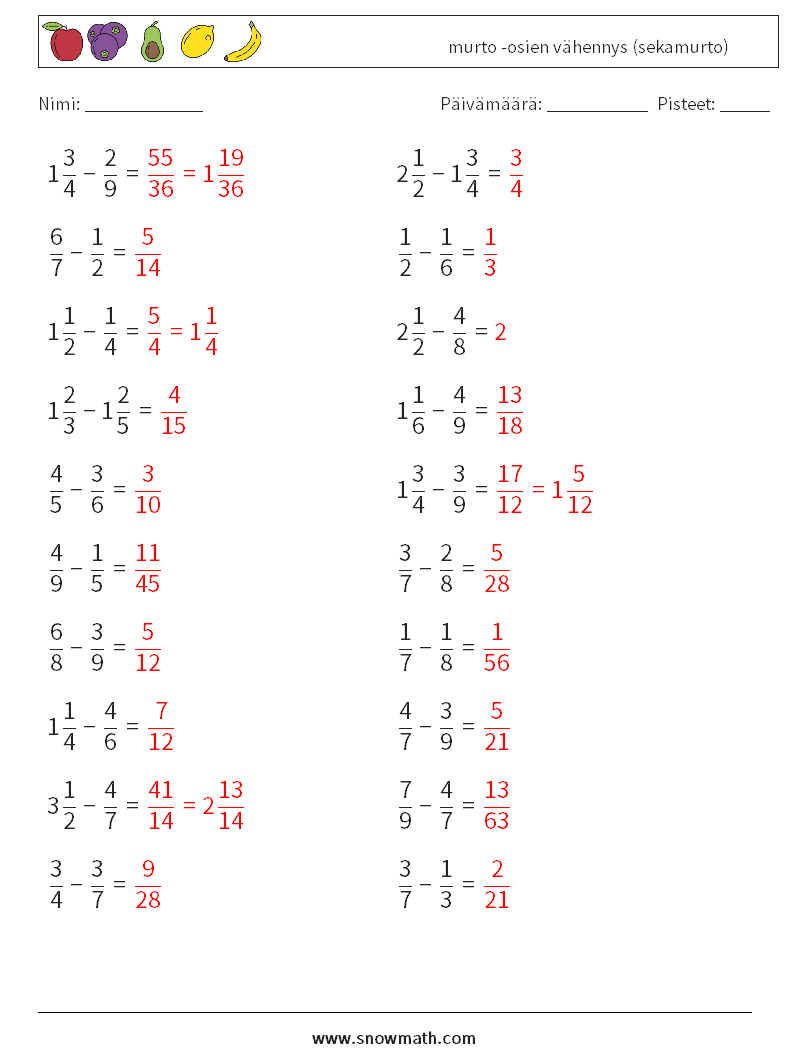 (20) murto -osien vähennys (sekamurto) Matematiikan laskentataulukot 15 Kysymys, vastaus