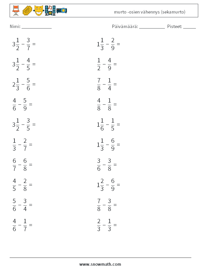 (20) murto -osien vähennys (sekamurto) Matematiikan laskentataulukot 16