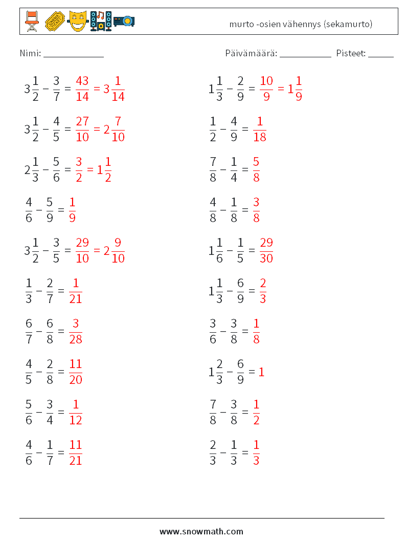 (20) murto -osien vähennys (sekamurto) Matematiikan laskentataulukot 16 Kysymys, vastaus