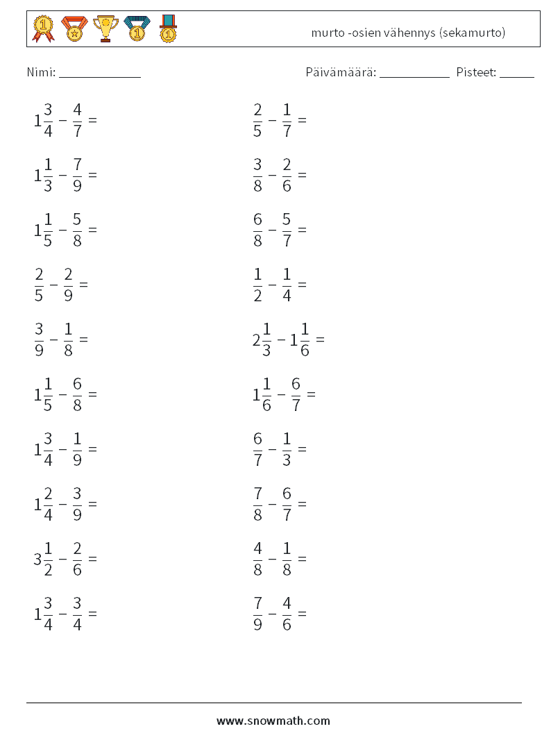 (20) murto -osien vähennys (sekamurto) Matematiikan laskentataulukot 17