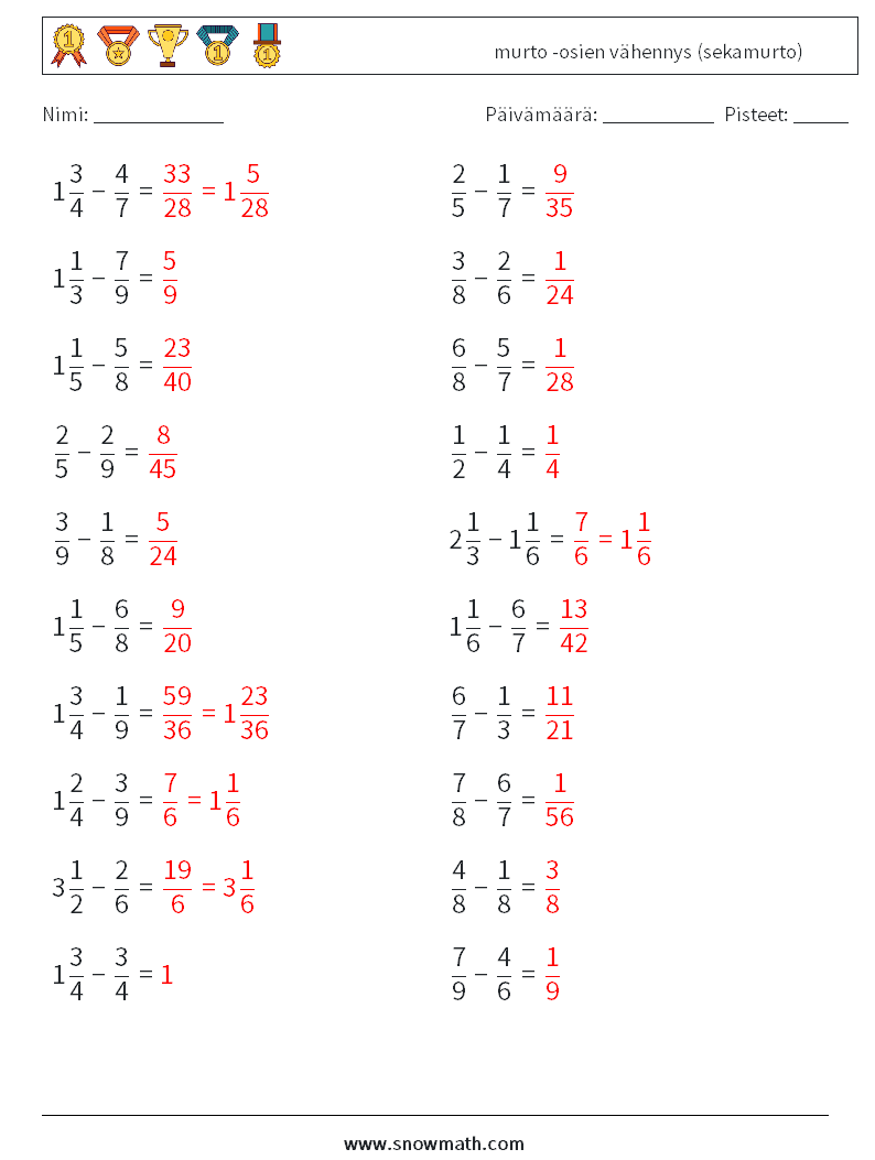 (20) murto -osien vähennys (sekamurto) Matematiikan laskentataulukot 17 Kysymys, vastaus