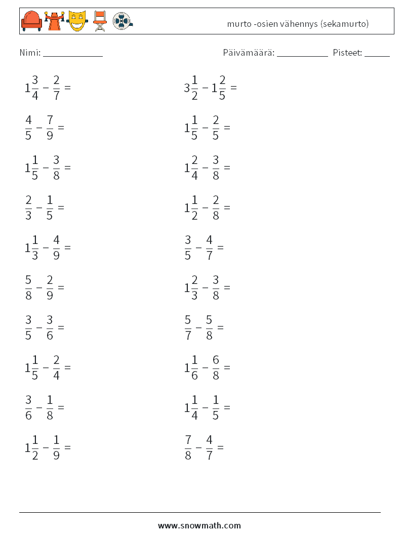 (20) murto -osien vähennys (sekamurto) Matematiikan laskentataulukot 18