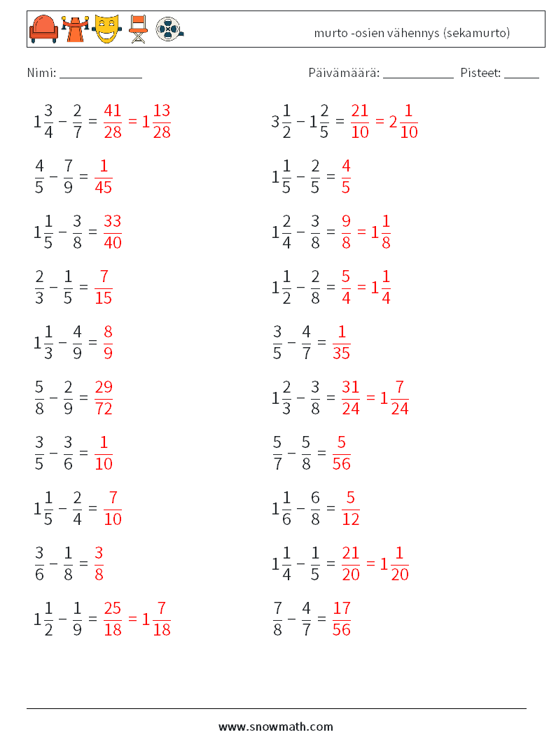 (20) murto -osien vähennys (sekamurto) Matematiikan laskentataulukot 18 Kysymys, vastaus
