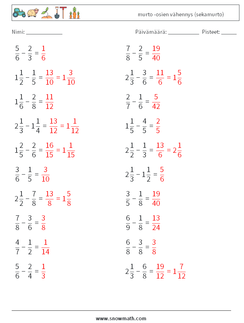 (20) murto -osien vähennys (sekamurto) Matematiikan laskentataulukot 1 Kysymys, vastaus
