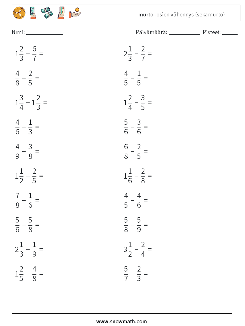 (20) murto -osien vähennys (sekamurto) Matematiikan laskentataulukot 2
