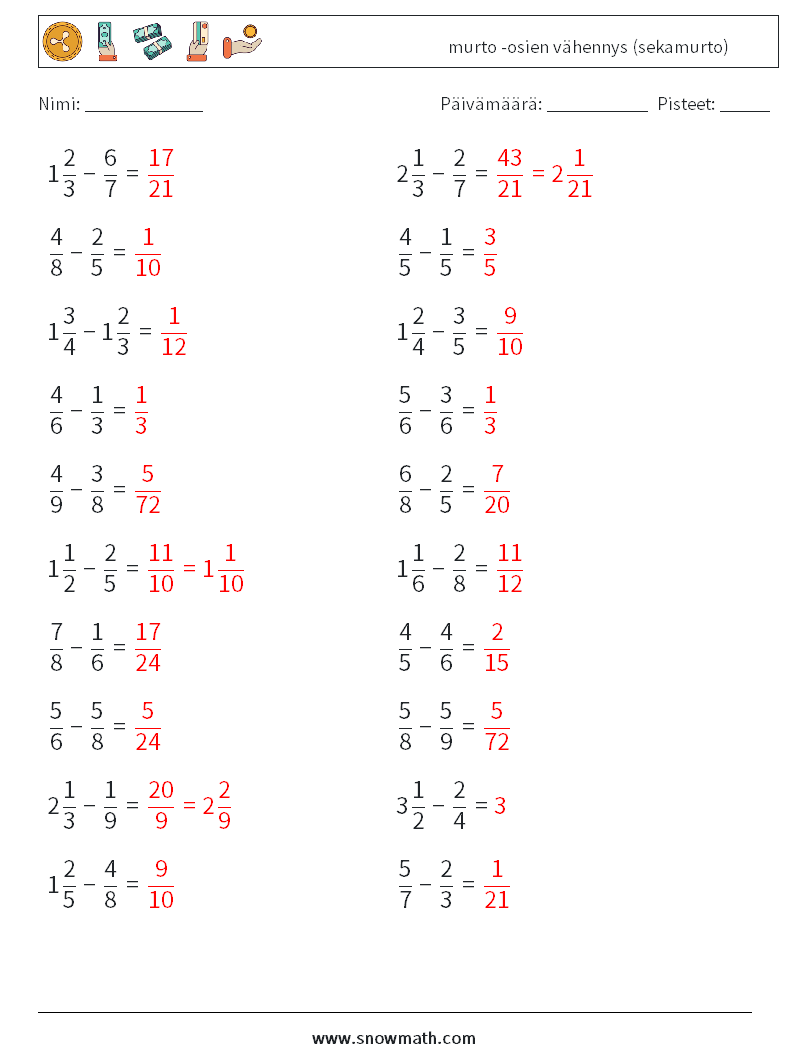 (20) murto -osien vähennys (sekamurto) Matematiikan laskentataulukot 2 Kysymys, vastaus