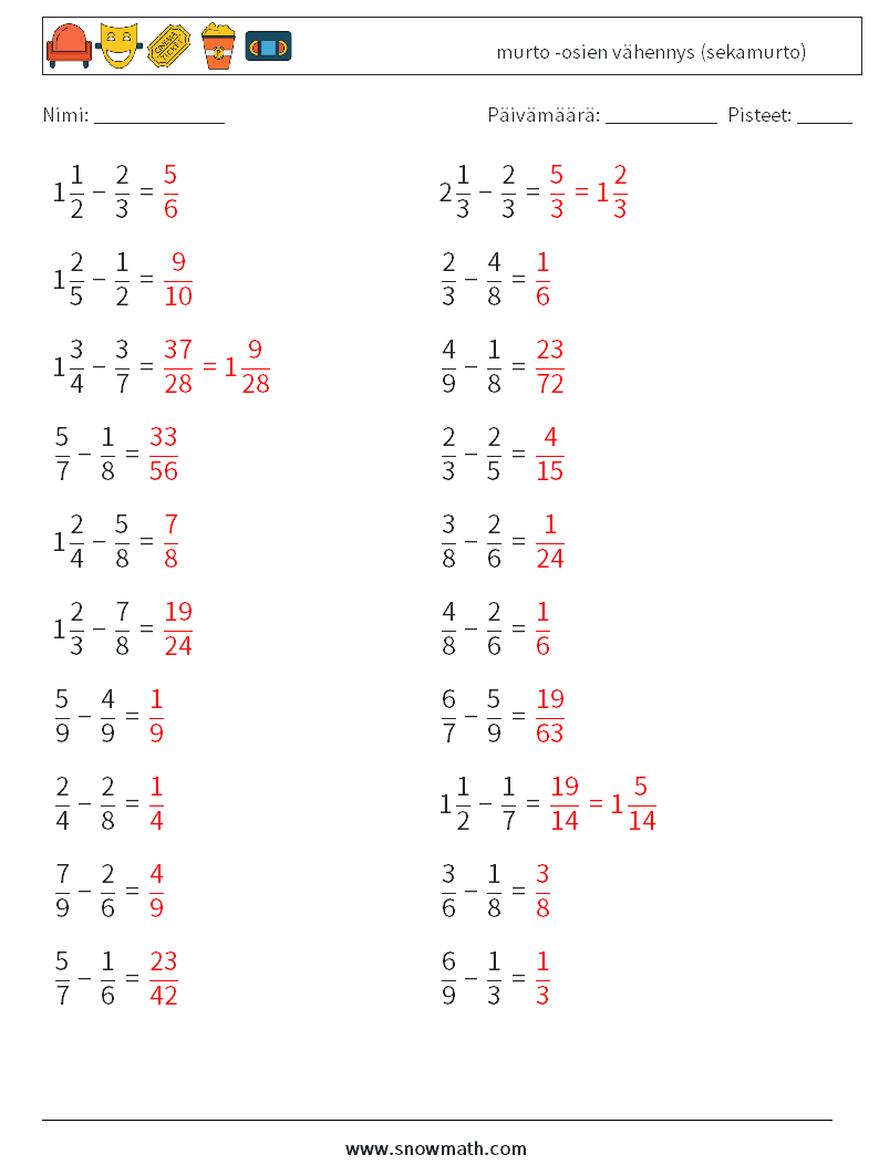 (20) murto -osien vähennys (sekamurto) Matematiikan laskentataulukot 3 Kysymys, vastaus