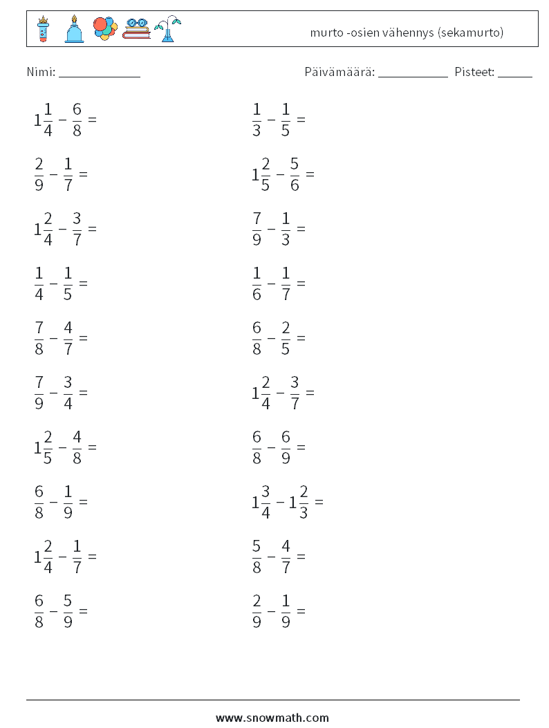 (20) murto -osien vähennys (sekamurto) Matematiikan laskentataulukot 4