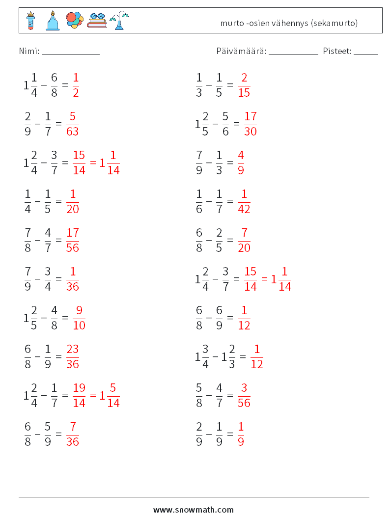 (20) murto -osien vähennys (sekamurto) Matematiikan laskentataulukot 4 Kysymys, vastaus