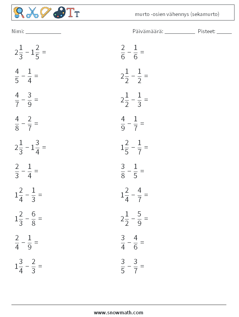 (20) murto -osien vähennys (sekamurto) Matematiikan laskentataulukot 5