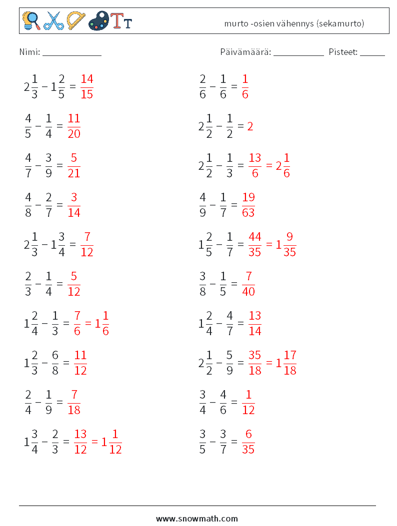 (20) murto -osien vähennys (sekamurto) Matematiikan laskentataulukot 5 Kysymys, vastaus