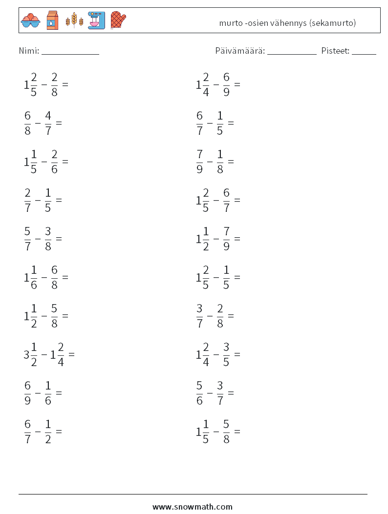 (20) murto -osien vähennys (sekamurto) Matematiikan laskentataulukot 6