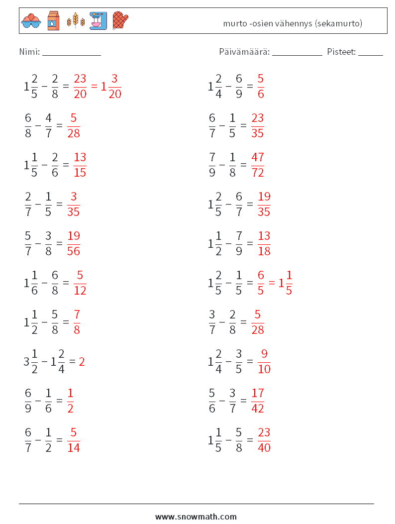 (20) murto -osien vähennys (sekamurto) Matematiikan laskentataulukot 6 Kysymys, vastaus