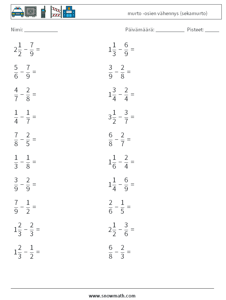 (20) murto -osien vähennys (sekamurto) Matematiikan laskentataulukot 7