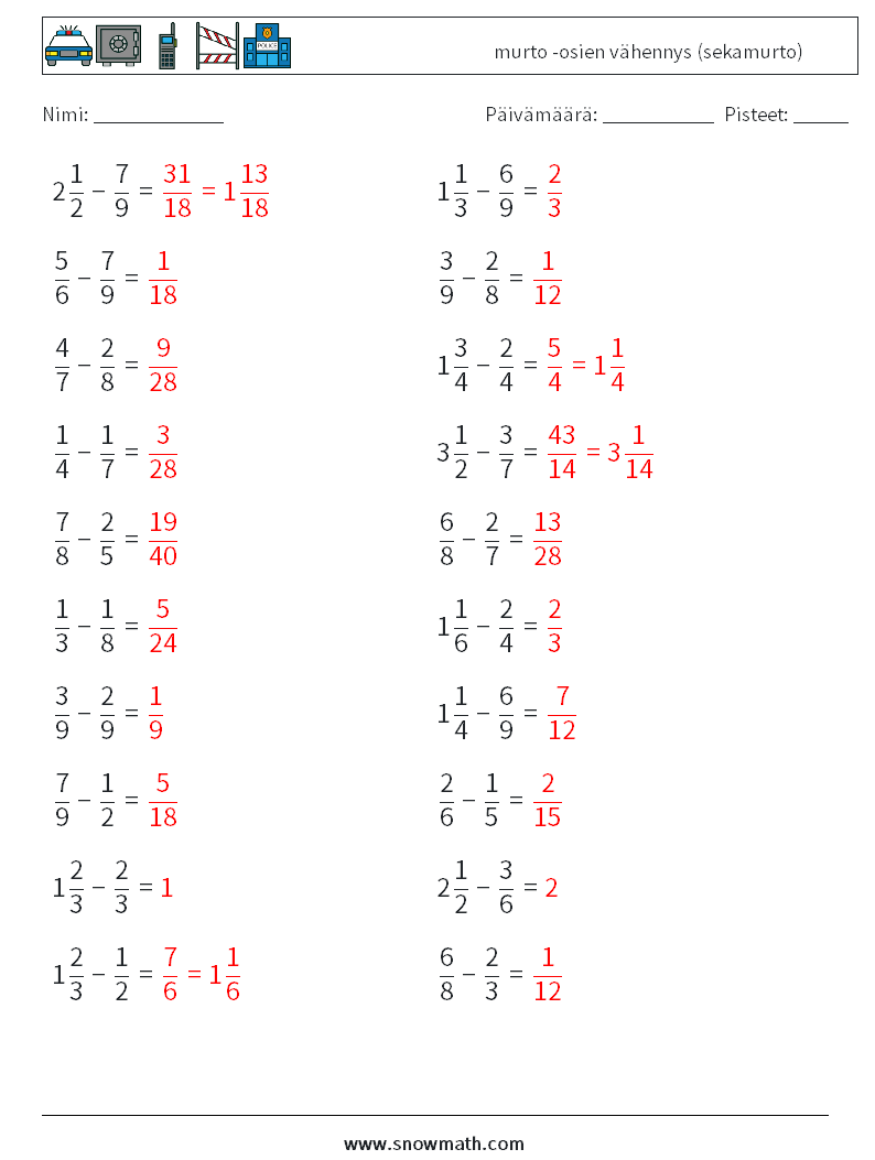(20) murto -osien vähennys (sekamurto) Matematiikan laskentataulukot 7 Kysymys, vastaus