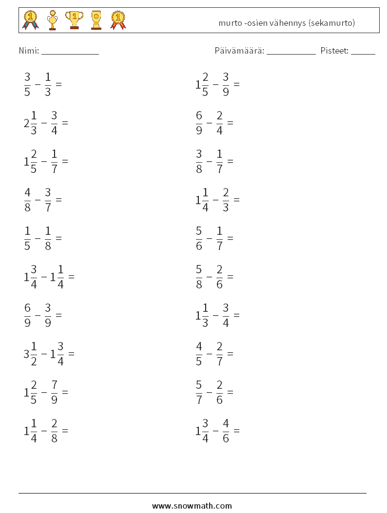 (20) murto -osien vähennys (sekamurto) Matematiikan laskentataulukot 8