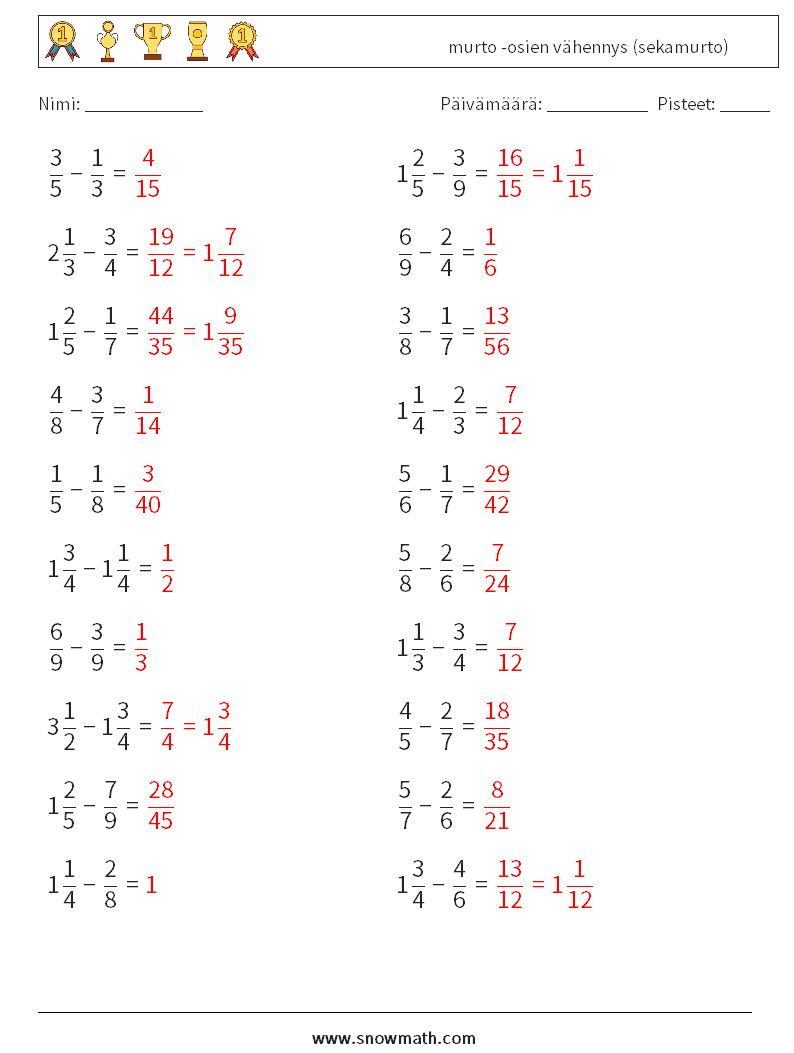 (20) murto -osien vähennys (sekamurto) Matematiikan laskentataulukot 8 Kysymys, vastaus