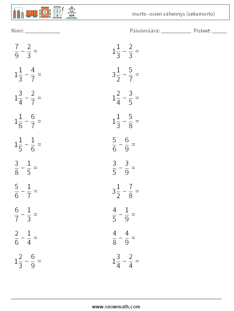 (20) murto -osien vähennys (sekamurto) Matematiikan laskentataulukot 9