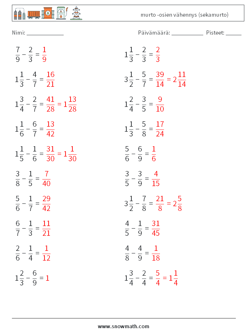 (20) murto -osien vähennys (sekamurto) Matematiikan laskentataulukot 9 Kysymys, vastaus