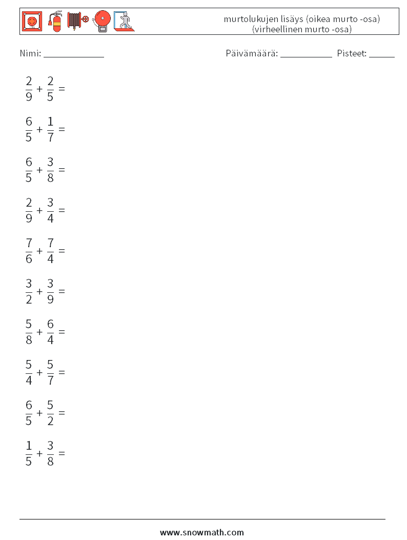 (10) murtolukujen lisäys (oikea murto -osa) (virheellinen murto -osa) Matematiikan laskentataulukot 10