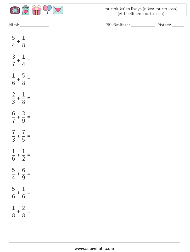 (10) murtolukujen lisäys (oikea murto -osa) (virheellinen murto -osa) Matematiikan laskentataulukot 12