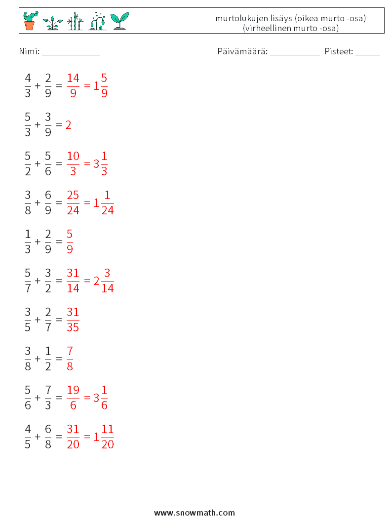 (10) murtolukujen lisäys (oikea murto -osa) (virheellinen murto -osa) Matematiikan laskentataulukot 13 Kysymys, vastaus
