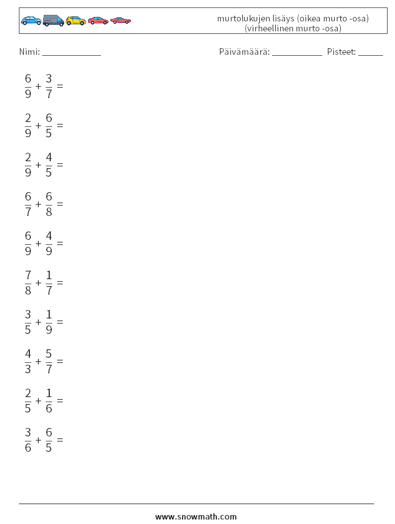 (10) murtolukujen lisäys (oikea murto -osa) (virheellinen murto -osa) Matematiikan laskentataulukot 18