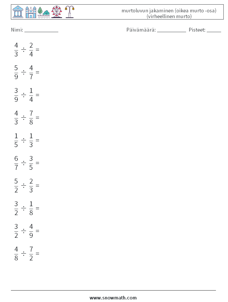 (10) murtoluvun jakaminen (oikea murto -osa) (virheellinen murto) Matematiikan laskentataulukot 11