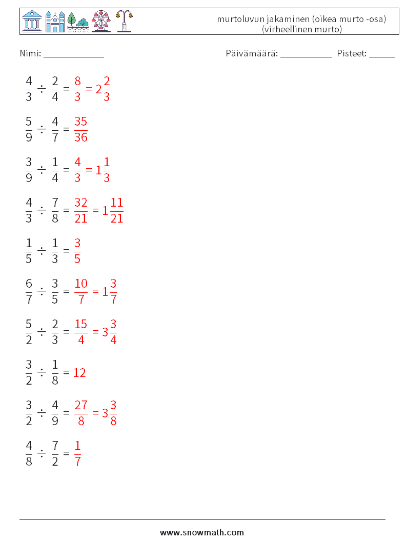 (10) murtoluvun jakaminen (oikea murto -osa) (virheellinen murto) Matematiikan laskentataulukot 11 Kysymys, vastaus