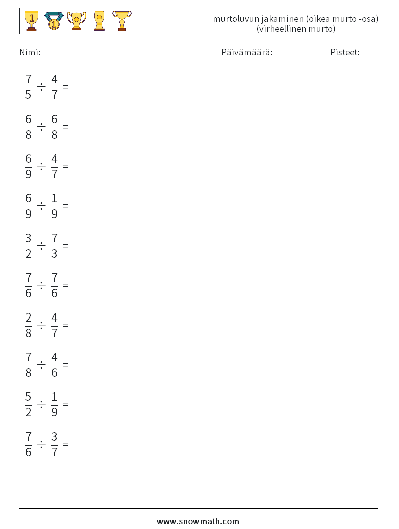 (10) murtoluvun jakaminen (oikea murto -osa) (virheellinen murto) Matematiikan laskentataulukot 12