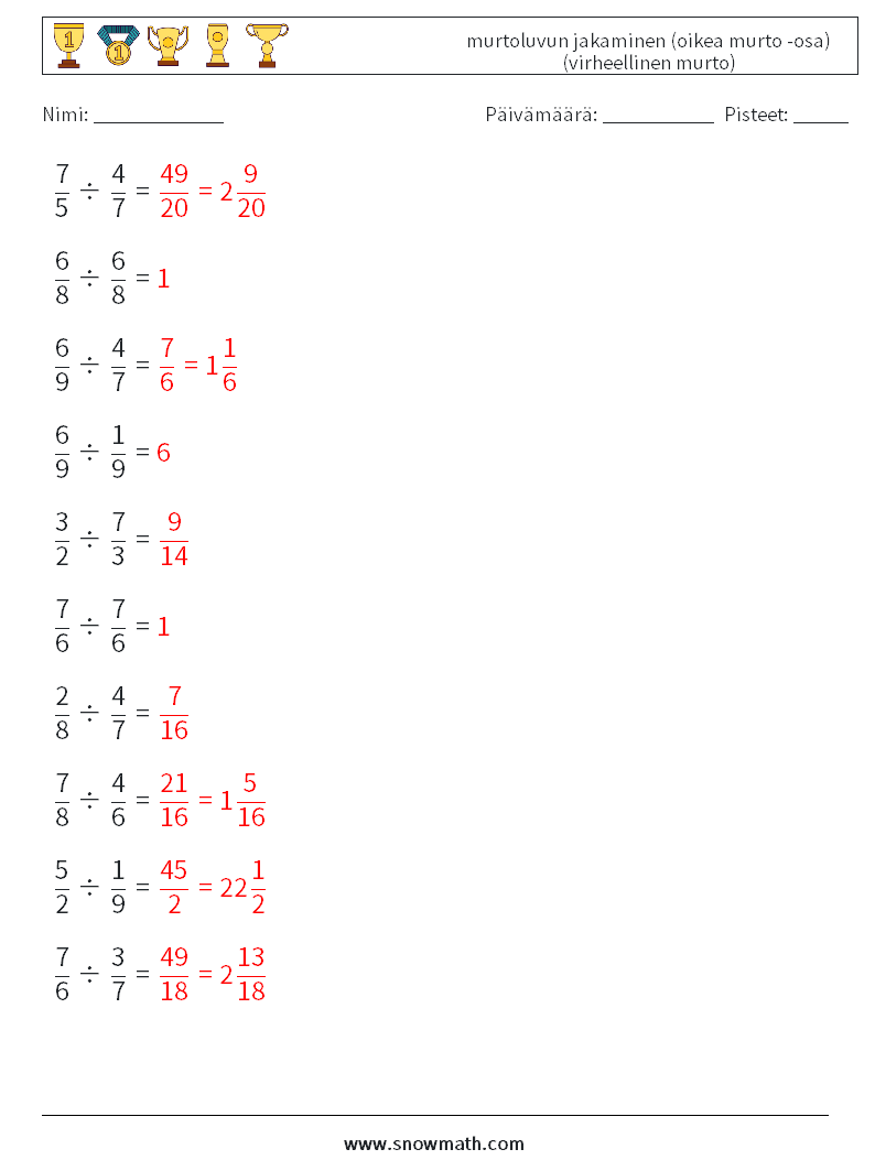 (10) murtoluvun jakaminen (oikea murto -osa) (virheellinen murto) Matematiikan laskentataulukot 12 Kysymys, vastaus