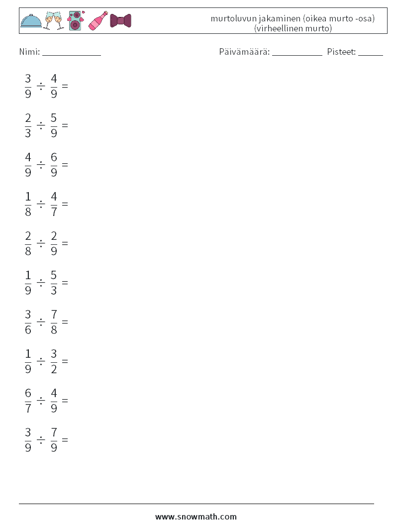 (10) murtoluvun jakaminen (oikea murto -osa) (virheellinen murto) Matematiikan laskentataulukot 13