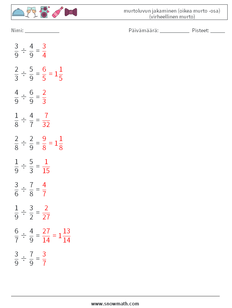 (10) murtoluvun jakaminen (oikea murto -osa) (virheellinen murto) Matematiikan laskentataulukot 13 Kysymys, vastaus