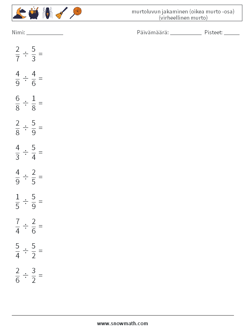 (10) murtoluvun jakaminen (oikea murto -osa) (virheellinen murto) Matematiikan laskentataulukot 16