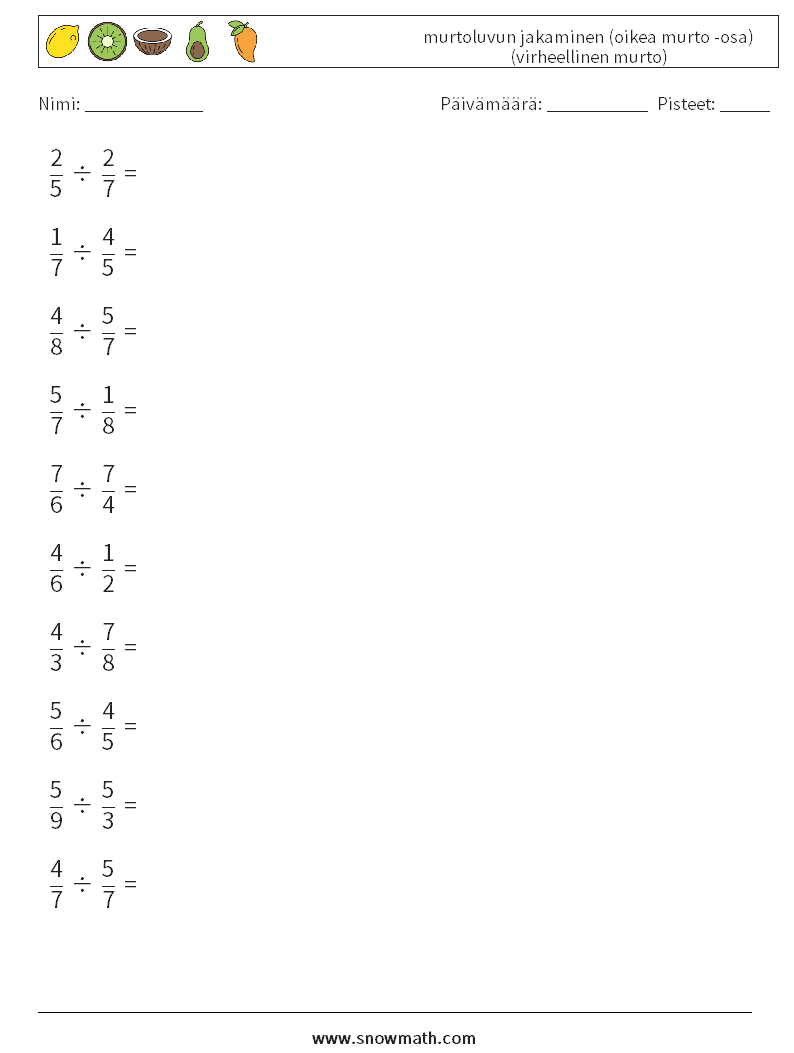 (10) murtoluvun jakaminen (oikea murto -osa) (virheellinen murto) Matematiikan laskentataulukot 17