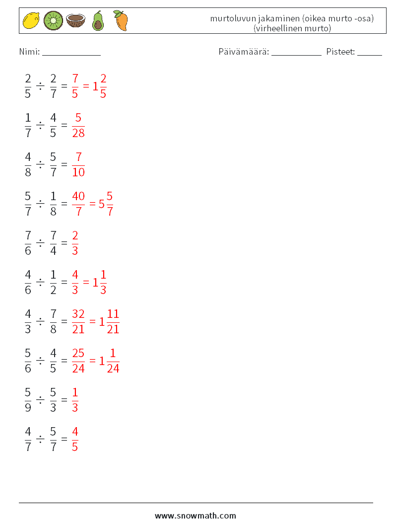 (10) murtoluvun jakaminen (oikea murto -osa) (virheellinen murto) Matematiikan laskentataulukot 17 Kysymys, vastaus