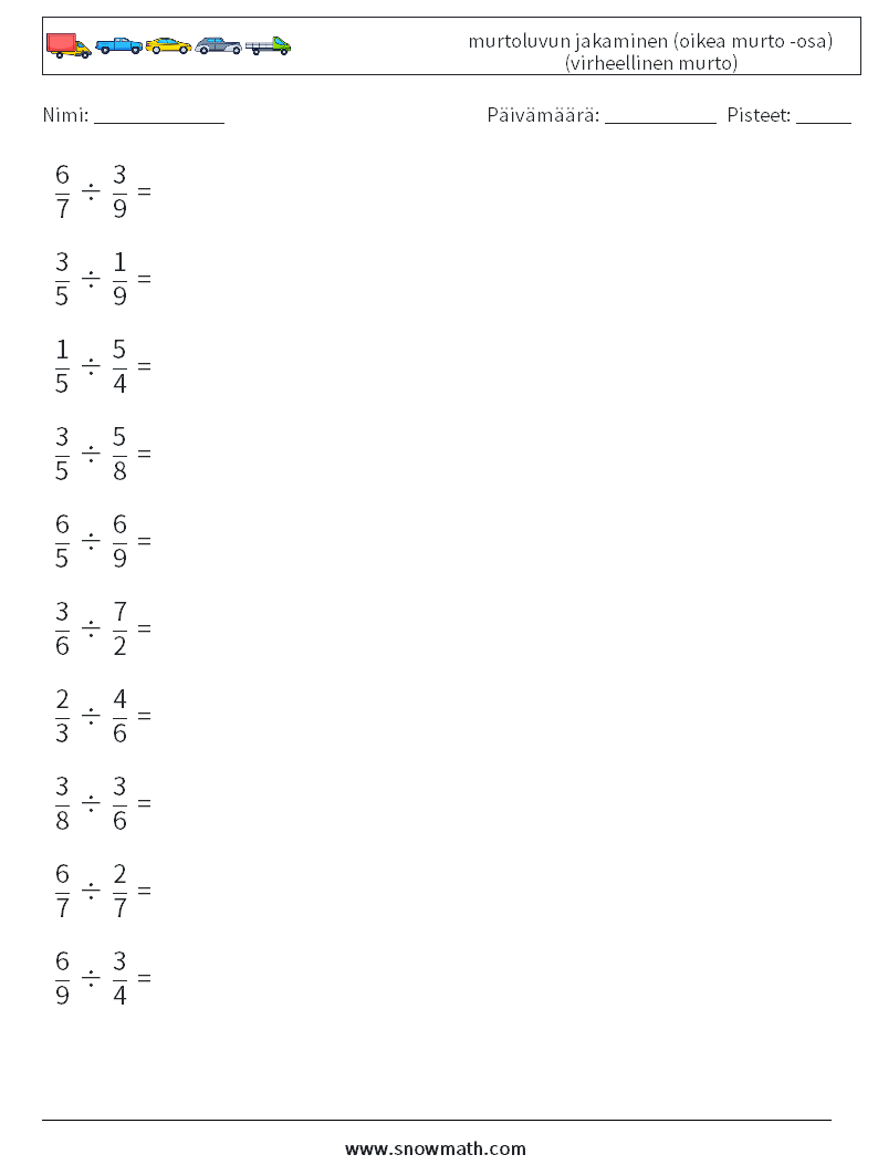 (10) murtoluvun jakaminen (oikea murto -osa) (virheellinen murto) Matematiikan laskentataulukot 18