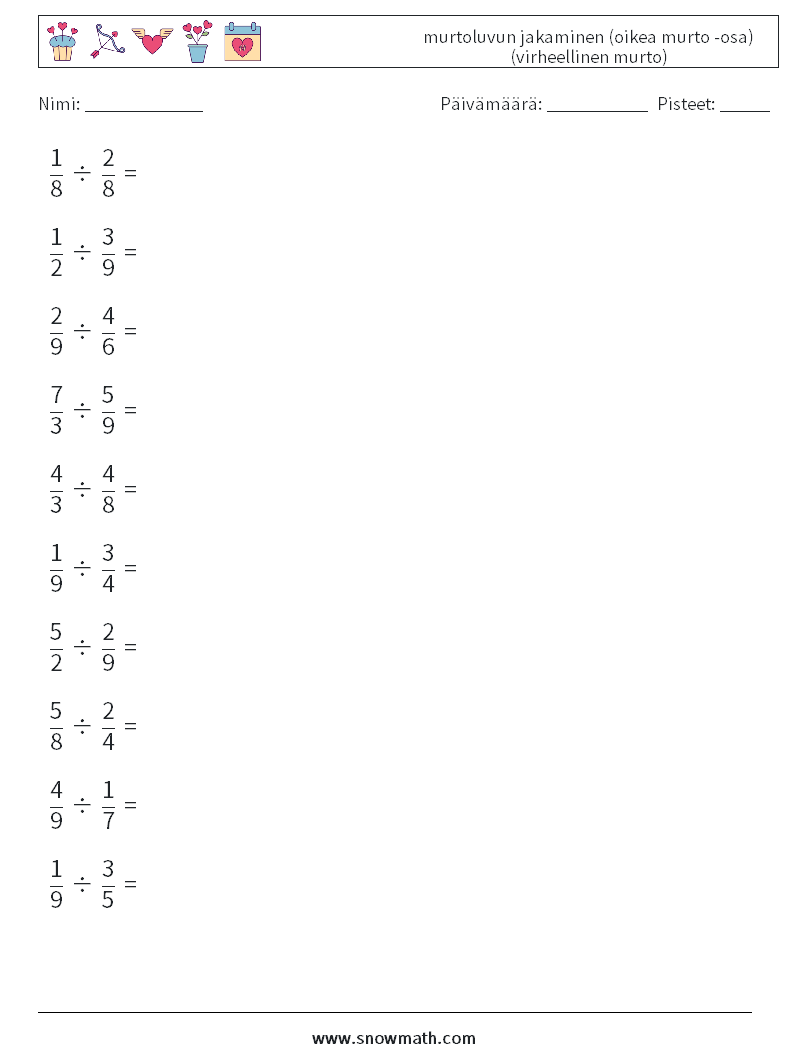 (10) murtoluvun jakaminen (oikea murto -osa) (virheellinen murto) Matematiikan laskentataulukot 4