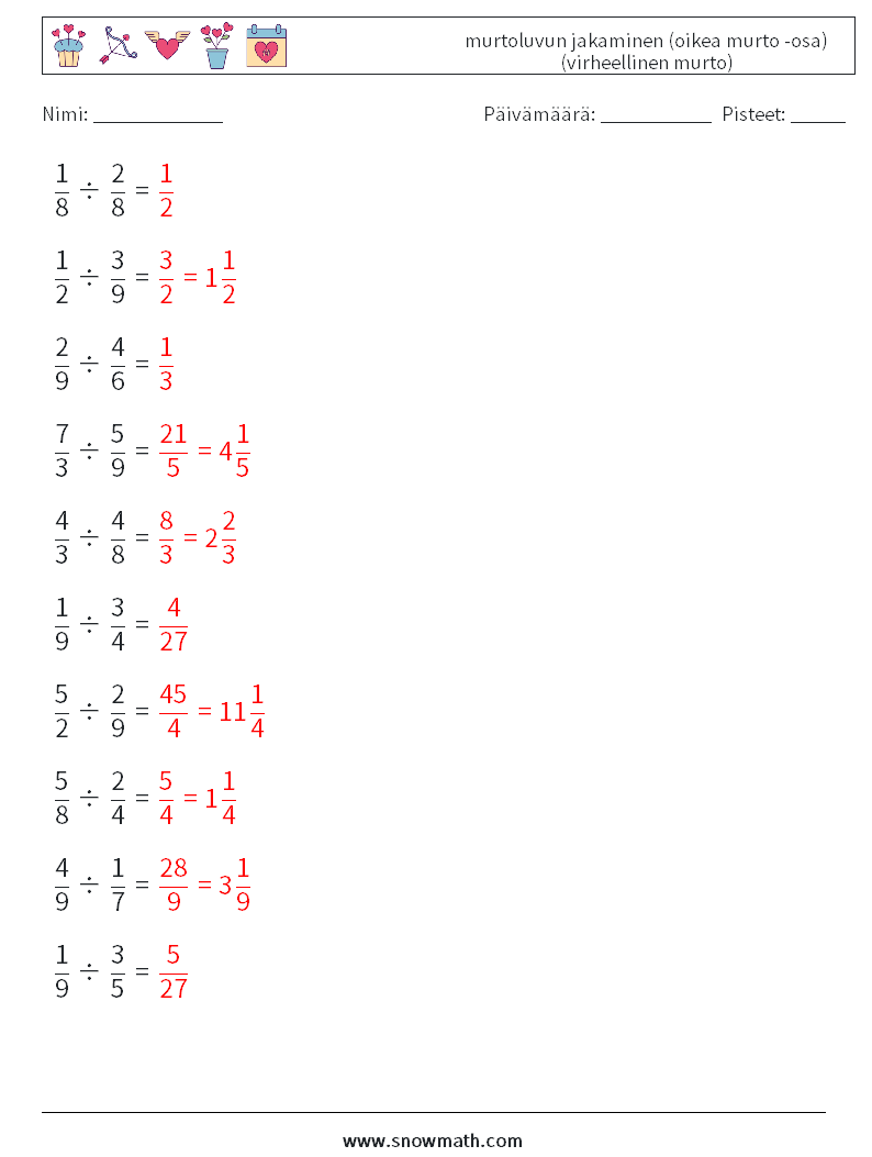 (10) murtoluvun jakaminen (oikea murto -osa) (virheellinen murto) Matematiikan laskentataulukot 4 Kysymys, vastaus