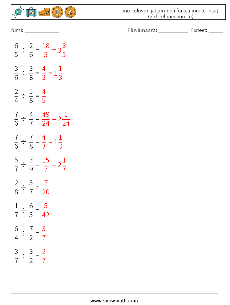 (10) murtoluvun jakaminen (oikea murto -osa) (virheellinen murto) Matematiikan laskentataulukot 5 Kysymys, vastaus