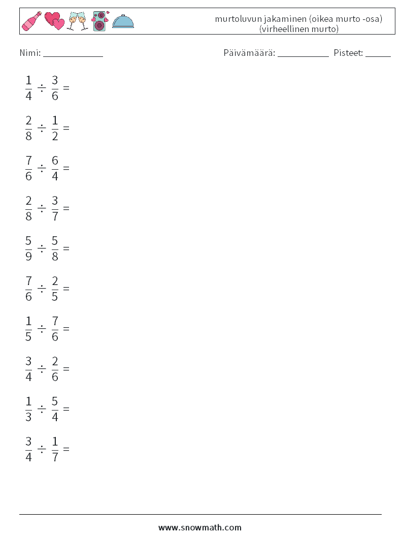 (10) murtoluvun jakaminen (oikea murto -osa) (virheellinen murto) Matematiikan laskentataulukot 6