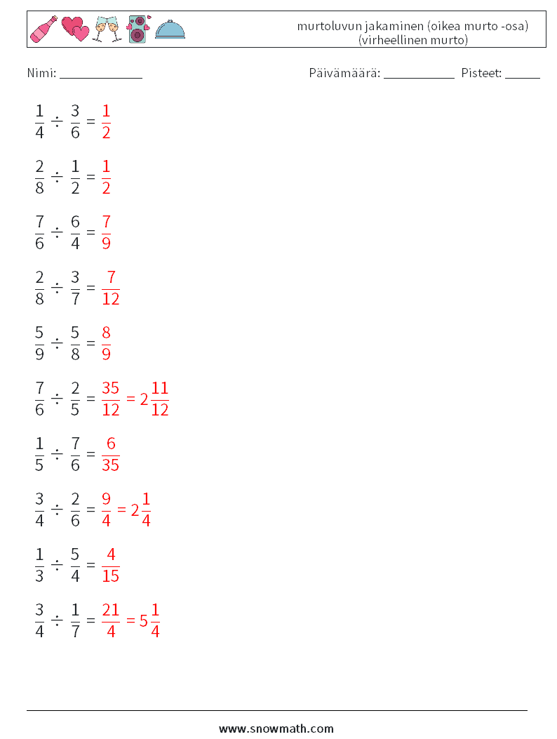 (10) murtoluvun jakaminen (oikea murto -osa) (virheellinen murto) Matematiikan laskentataulukot 6 Kysymys, vastaus