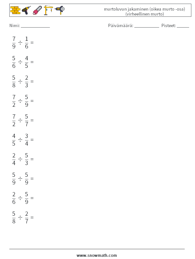 (10) murtoluvun jakaminen (oikea murto -osa) (virheellinen murto) Matematiikan laskentataulukot 7